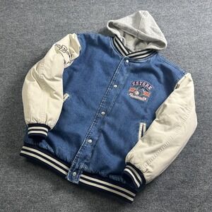 Vintage The Disney Store Eeyore Varsity Jacket Mens Medium Blue Hooded Denim 90s